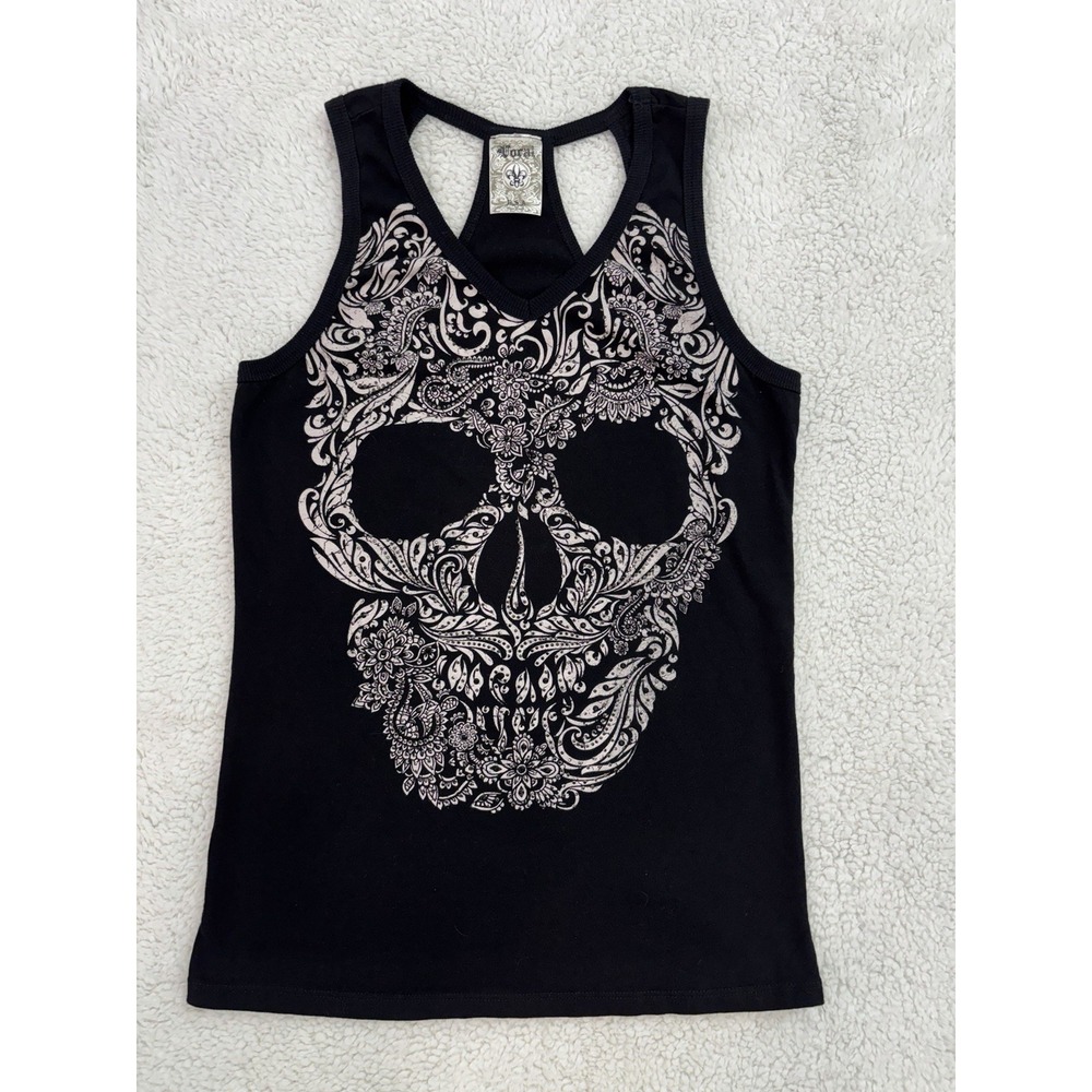 Vocal Skull Graphic Tank Top Large Black Cotton Racerback Gothic Edgy